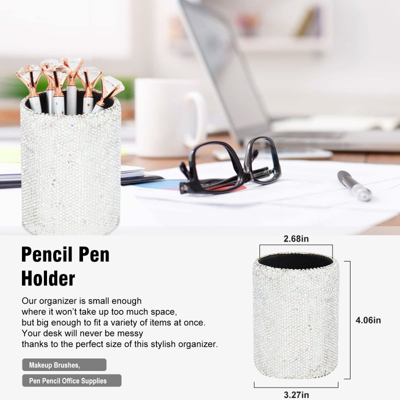 KEYPOWER Bling Crystal Luxury Handmade Diamond Round Pencil Pen Pot Holder & Stapler & Card Holder & Desktop Tape Dispenser Office Stationery Kit for Fashion Girls Women(White) - Image 3